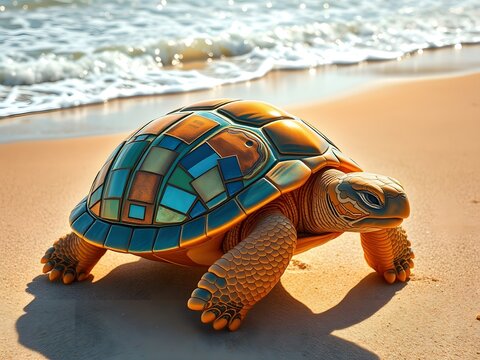 Golden Turtle on Sandy Beach  Ocean Waves Background