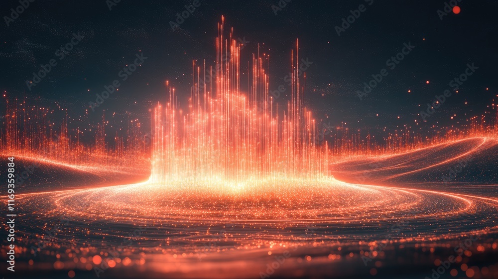 Poster fiery orange particle city rises from glowing circular base. abstract digital landscape with shimmer