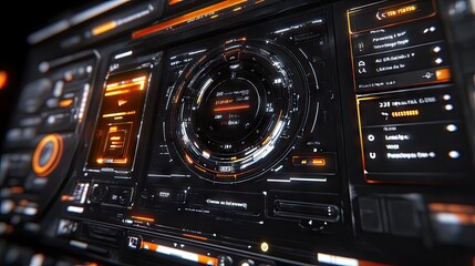 Futuristic HUD interface with circular display and data readouts. Ideal for sci-fi games, dashboards, or tech presentations.