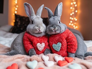Two Adorable Gray Bunnies in Matching Heart Sweaters Surrounded by Colorful Heart-Shaped Candies on a Cozy Bed with Soft Lighting Background