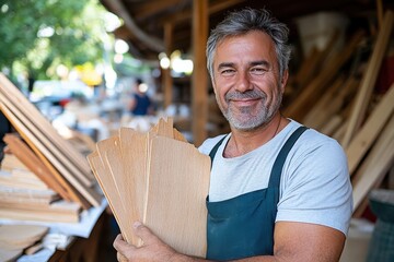 A confident carpenter showcases beautifully crafted wooden pieces, surrounded by tools and materials in a well-lit workshop that highlights craftsmanship and creativity.