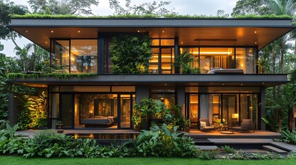 Fototapeta premium A compact tropical home design with efficient use of space and greenery