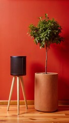 Modern Minimalist Interior with Black Speaker on Wooden Stand, Green Potted Plant, and Bold Wall Background