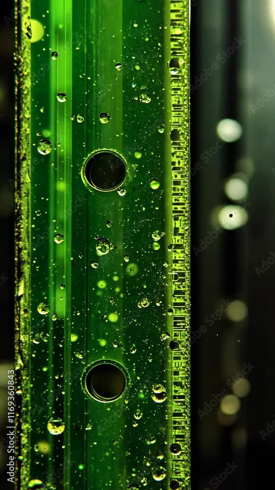 Poster unique green liquid captured in a close-up showing bubbles and details of a transparent measuring de