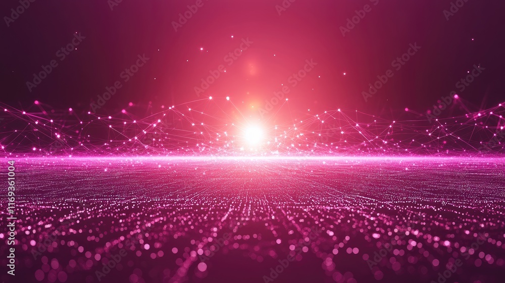 Wall mural pink digital landscape with glowing particles and network connections. ideal for tech presentations 