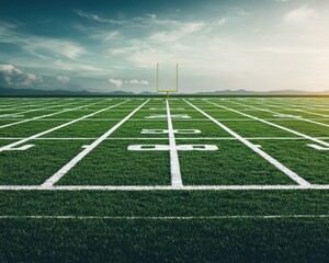 Clean and Professional Diagram of a Football Field Captured in Daylight, Showcasing Markings and Goalposts in a Standard Layout with Scenic Background