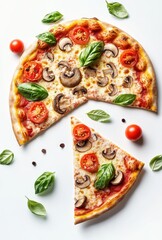Freshly Baked Margherita Pizza Slice with Basil, Tomatoes, and Mushrooms on a White Background, Perfect for Culinary or Food-Related Projects