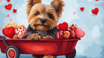 Yorkshire Terrier Puppy In A Red Wagon With Hearts