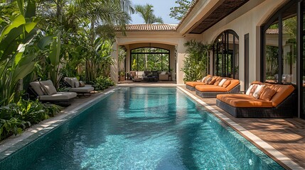 Obraz premium A tropical pool deck with a shaded pergola and comfortable loungers