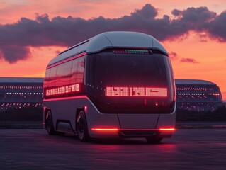Futuristic Team Bus Design at Sunset with LED Displays, Imagining the Future of Transport for Football Events and Streamlined Fan Experience
