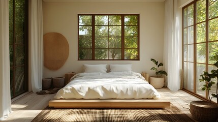 A minimalist summer bedroom with neutral tones, clean lines, and bright natural light