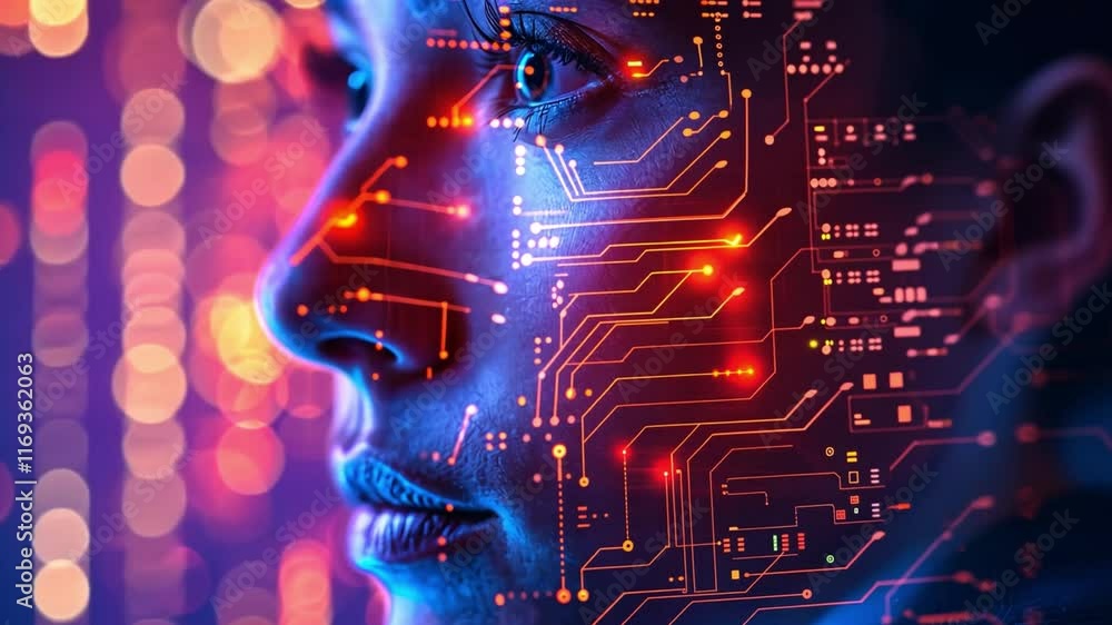 Poster a close-up portrayal of a human face adorned with vibrant digital circuitry patterns.