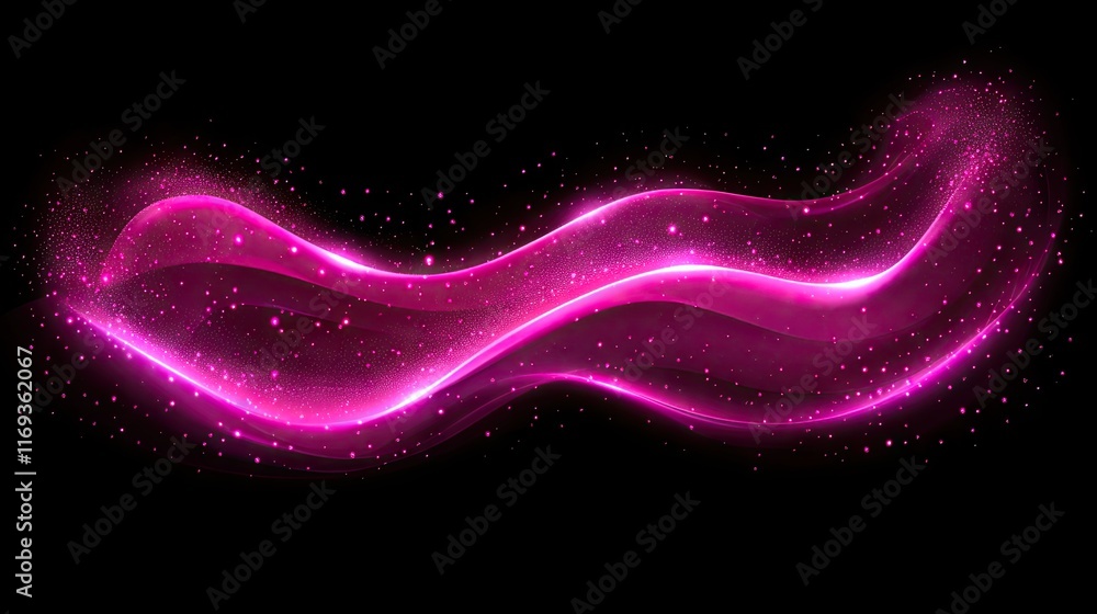 Poster a vibrant pink wave of light and glitter particles flows across a dark background. perfect for a sty