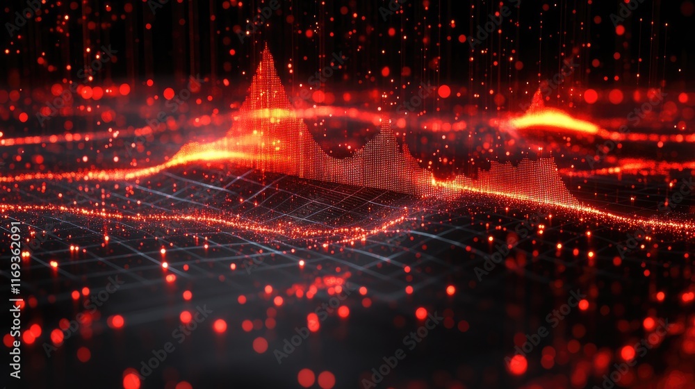 Aufkleber red digital landscape with glowing grid and data points. visualize stock market trends or network ac