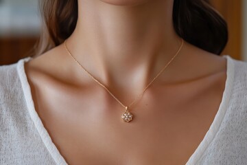 This elegant image showcases a delicate gold necklace featuring a beautiful floral pendant, perfect for adding a touch of femininity to any outfit or occasion.