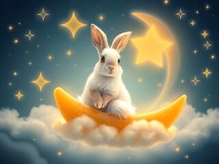 Cute Bunny on Crescent Moon in Night Sky