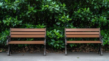 Obraz premium Relaxing garden area features a wooden bench and concrete table surrounded by greenery and scattered leaves for a peaceful retreat.