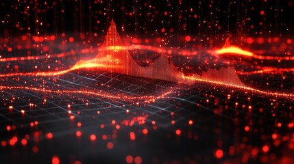 Red digital landscape with glowing grid and data points. Visualize stock market trends or network activity. Perfect for tech presentations or financial reports.