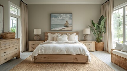 Fototapeta premium A serene summer bedroom with light wood furniture and ocean-inspired colors