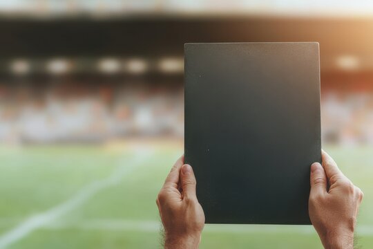 Coach Holding Tactical Playboard in Hands During a Game, Presenting Strategies and Plans to Team on Field in a Dynamic Sports Environment