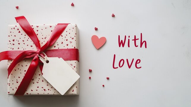 A beautifully wrapped gift box adorned with a vibrant red ribbon for Valentine day. The text "With Love" is written in elegant red letters and mesage