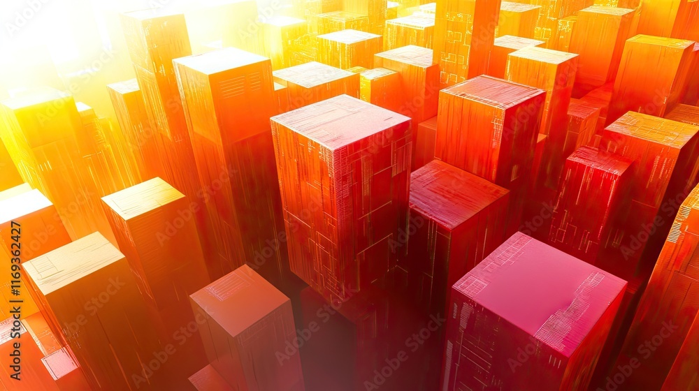 Poster abstract 3d rendering of orange and red rectangular shapes resembling a cityscape. ideal for futuris