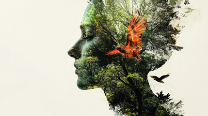 Nature silhouette with birds and foliage art.