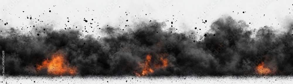 Poster dramatic scene of explosive smoke and flames rising upward from a ground level with dark ashes and s