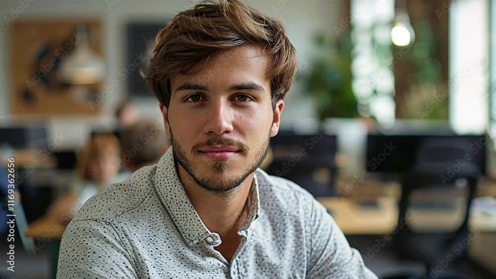 Poster a young man with a beard sits thoughtfully at his desk in a contemporary office. natural light strea