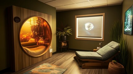 Relaxation room: wooden pod, calming image, comfortable chair.