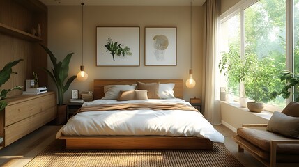 Fototapeta premium A small bedroom optimized for summer, featuring airy curtains and functional furniture