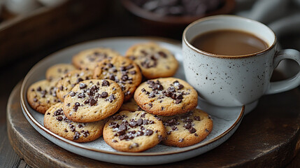 Freshly baked chocolate chip cookies with coffee on a rustic wooden table