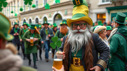 Fototapeta premium St. Patrick’s Day, Irish traditions, shamrock, leprechaun, parade, green decorations, Irish food, beer, music, dance, festive costumes