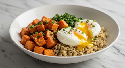 A breakfast bowl with quinoa roasted sweet potatoes and poached eggs
