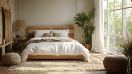 Fototapeta premium A Scandinavian-inspired summer bedroom with clean lines, soft tones, and light wood finishes