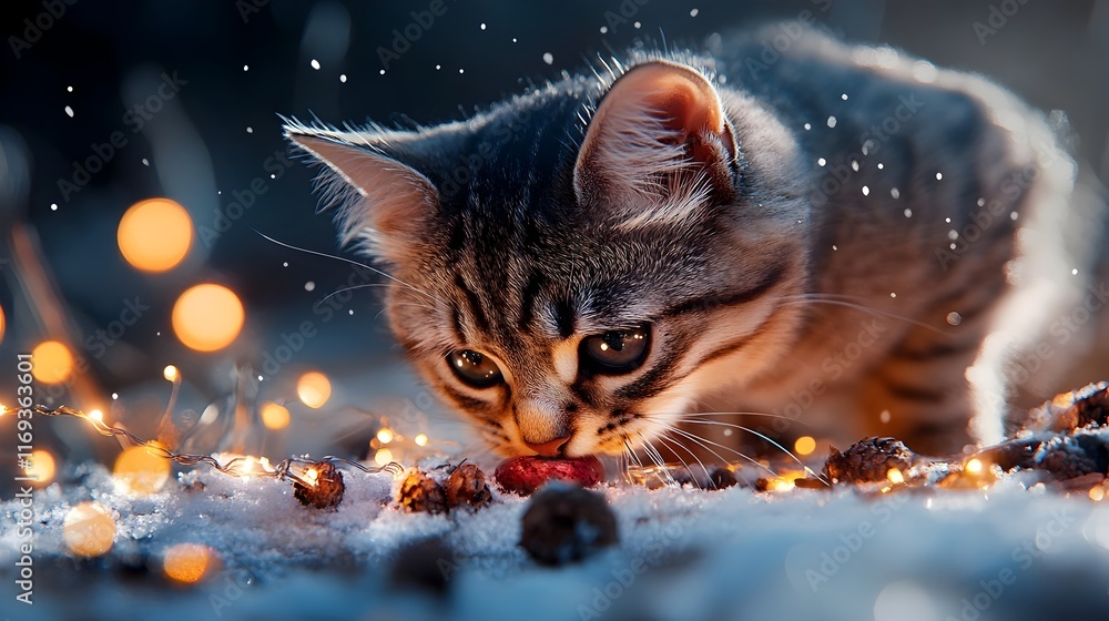 Poster a playful feline companion curiously sniffing and pouncing through a serene winter setting the groun