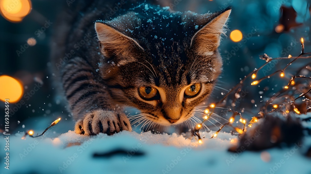 Poster captivating feline companion playfully pouncing and sniffing through a serene snow blanketed winter 