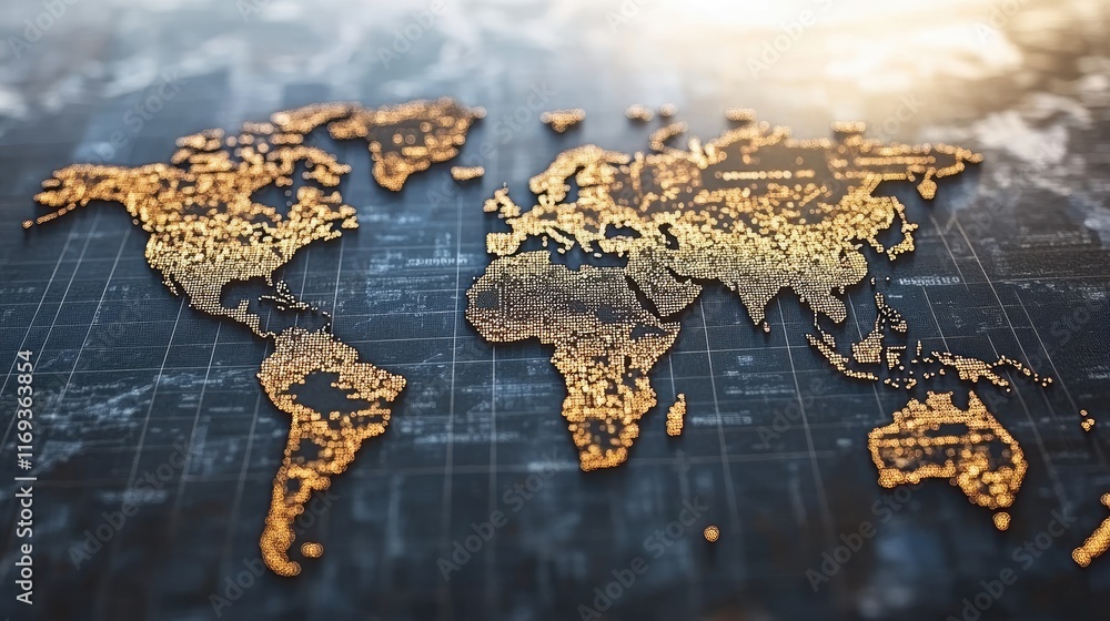 Poster golden digital world map visualization. ideal for global business presentations technology and data 