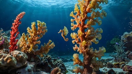 Seahorse in Vibrant Coral Reef Underwater Scene