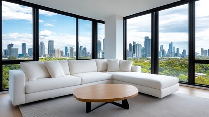 Modern sectional sofa in a bright, minimalist living room with expansive city views. The large windows showcase a stunning cityscape.