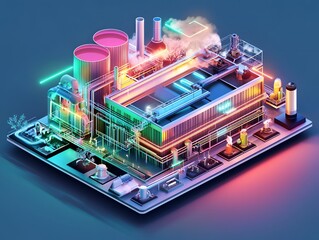 Neon Cutaway Diagram of Cutting Edge Carbon Neutral Manufacturing Plant with Innovative Energy Tech