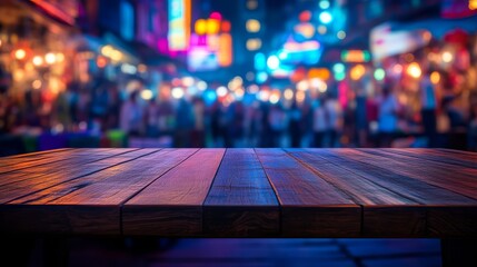 Fototapeta premium A vibrant street market scene with a wooden table in the foreground, illuminated by colorful lights and a bustling crowd in the background.
