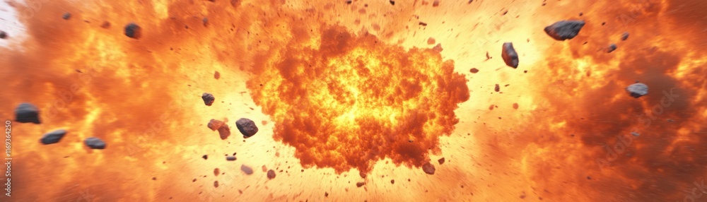 Poster dramatic explosion with colorful flames and flying rocks showcasing the force of an unleashed power 