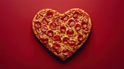 Fototapeta premium Pizza heart shaped and on red background . Concept of romantic love for Valentines Day .