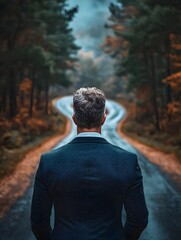 Man in Suit Stands at Forest Crossroads Contemplating Business Risks and Opportunities