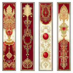 A set of four Victorian book bookmarks on a white background isolated in ruby, burgundy and gold tones.