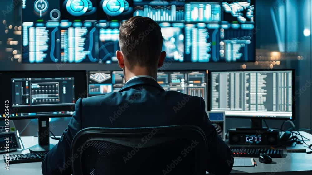 Poster A person in a suit is seated in front of an array of monitors in a dimly lit control room.