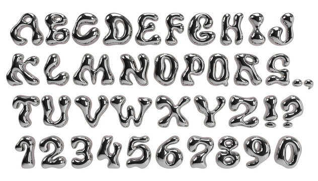 3d chrome liquid font. Liquid metal letters. Silver bubble typeface. Y2K style alphabet. Font with dripping glossy effect. Letters with molten metal effect. Metallic, fluid surface with reflections
