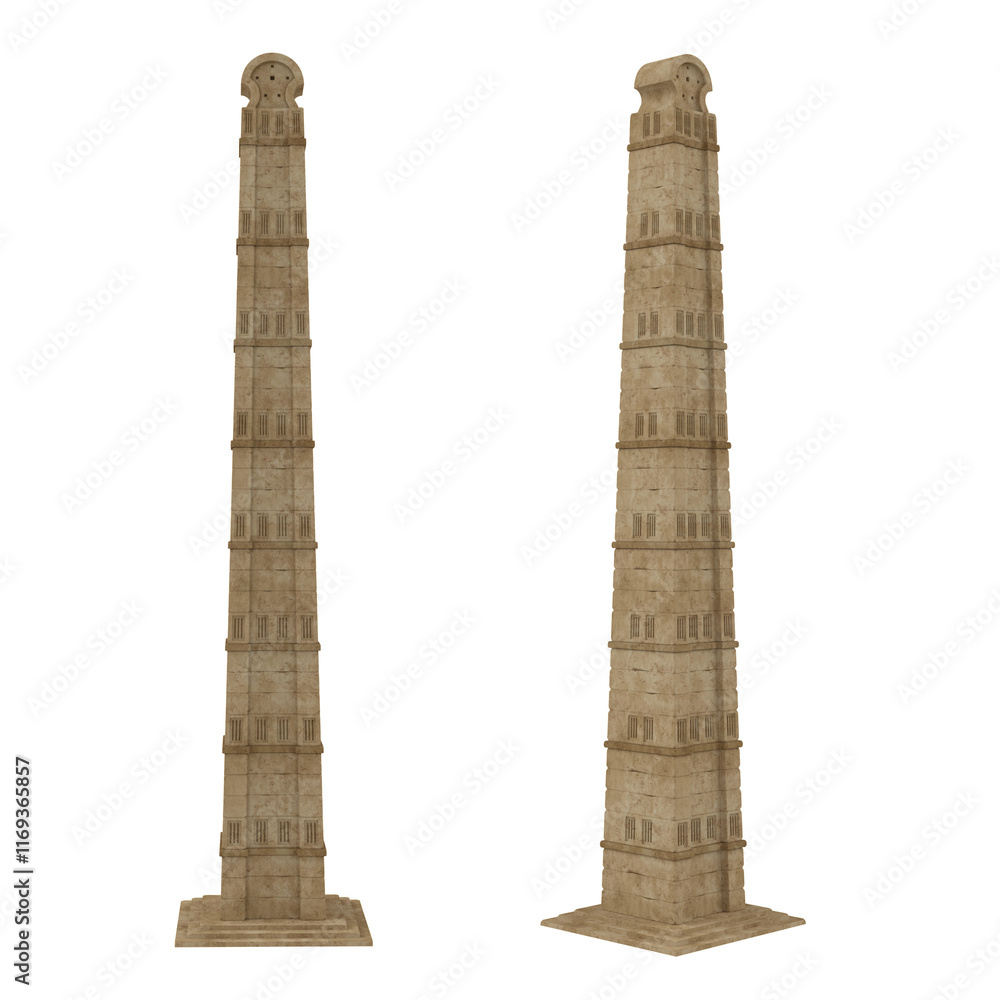 Poster Ancient Egyptian stone obelisk tower with narrow windows. Isolated 3D render with 2 views.