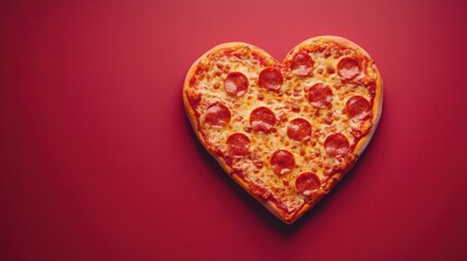 Fototapeta premium Pizza heart shaped and on red background . Concept of romantic love for Valentines Day .